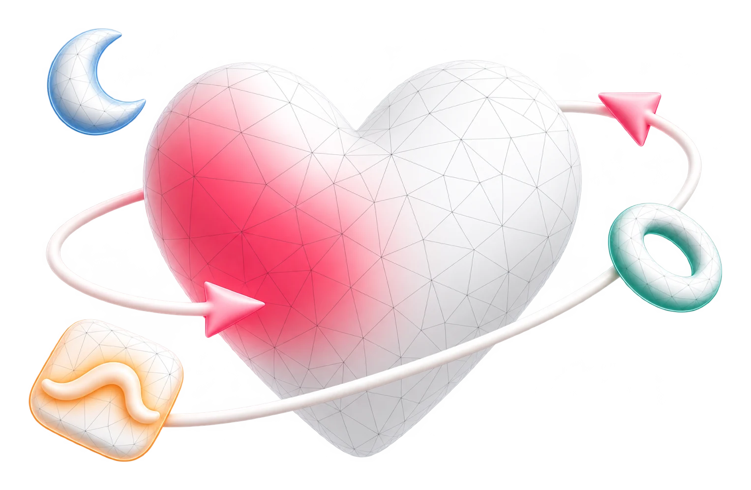 An illustration in soft white clay: a heart glowing raspberry, circled by a ring with one arrow going in and one coming out, with a small moon, a ring and a wave tile around it.