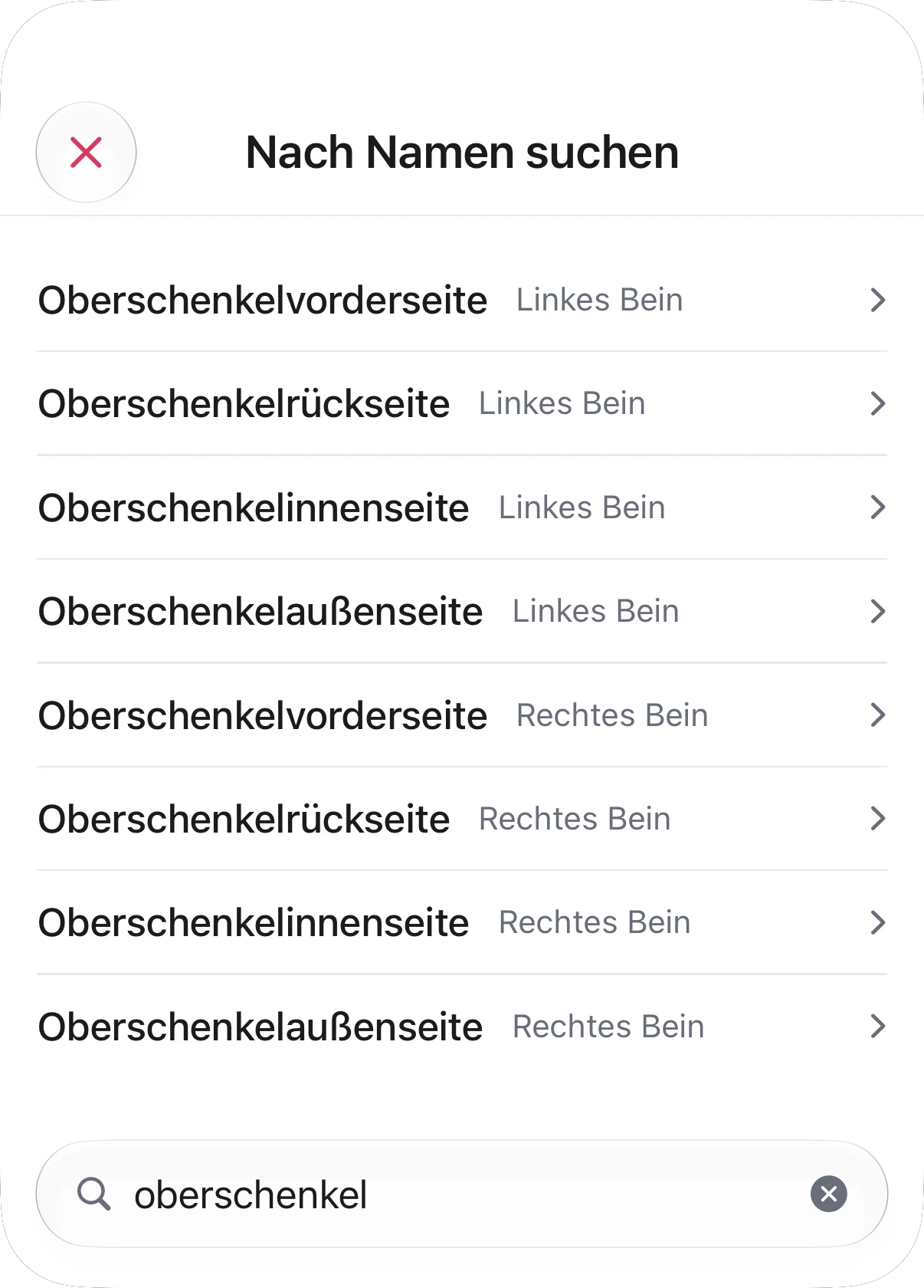 Das Fenster „Nach Namen suchen“ von Longnote, unten im Suchfeld ist „oberschenkel“ eingegeben: acht Ergebnisse, Oberschenkelvorderseite, Oberschenkelrückseite, Oberschenkelinnenseite und Oberschenkelaußenseite für das linke Bein, dann dieselben vier für das rechte Bein, jeweils mit „Linkes Bein“ oder „Rechtes Bein“ beschriftet.