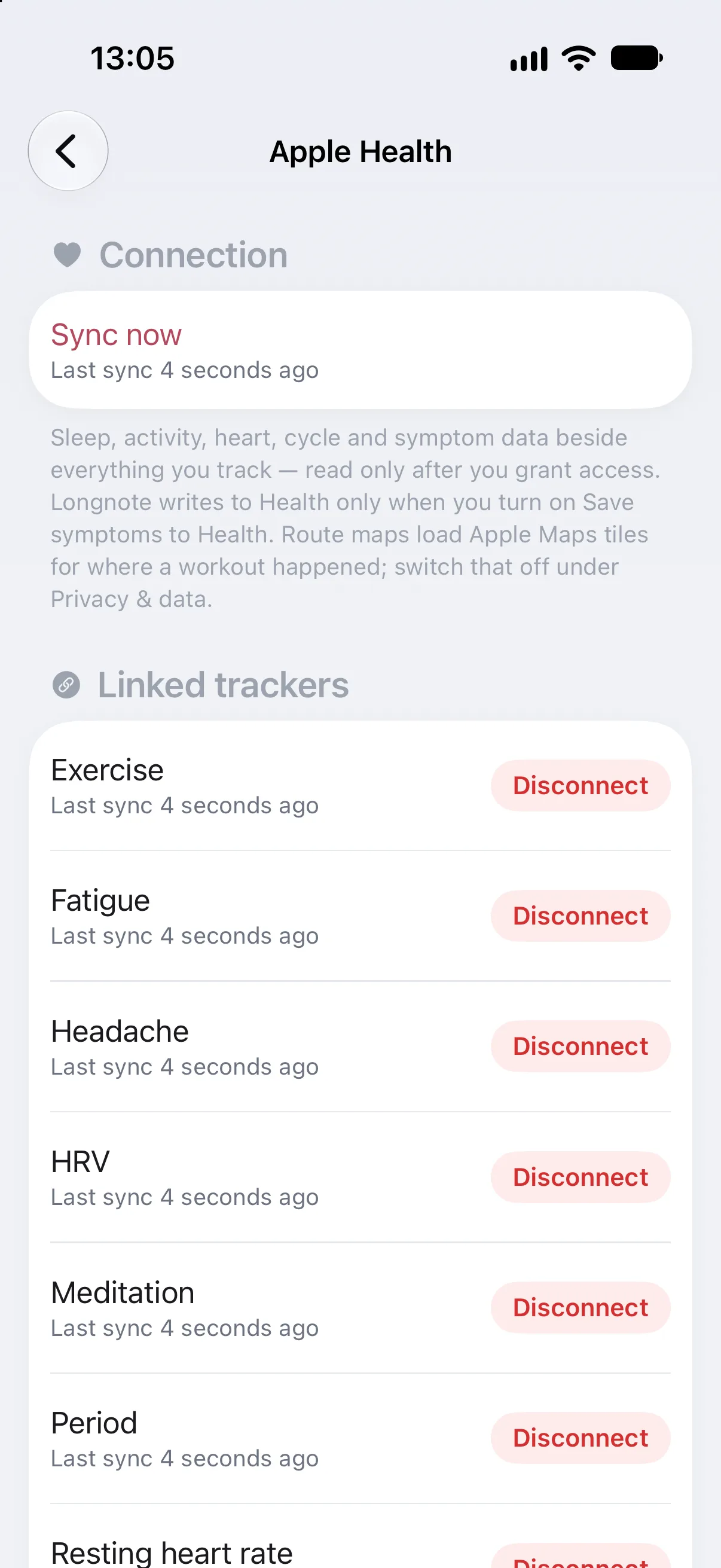 Longnote’s Settings › Apple Health: Connection with Sync now, a note on what is read and that Longnote writes to Health only when Save symptoms to Health is on, and Linked trackers such as exercise, fatigue, headache, HRV, meditation and period, each with its last sync and a Disconnect button.