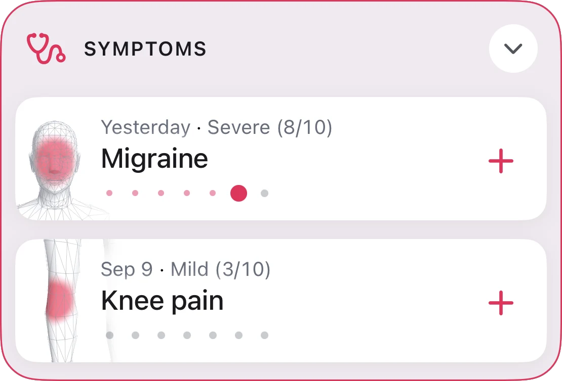 Longnote’s Home: the Symptoms section with two tracker cards, Migraine at 8 of 10 with a small head on its left edge, and Knee pain at 3 of 10 with a small knee.