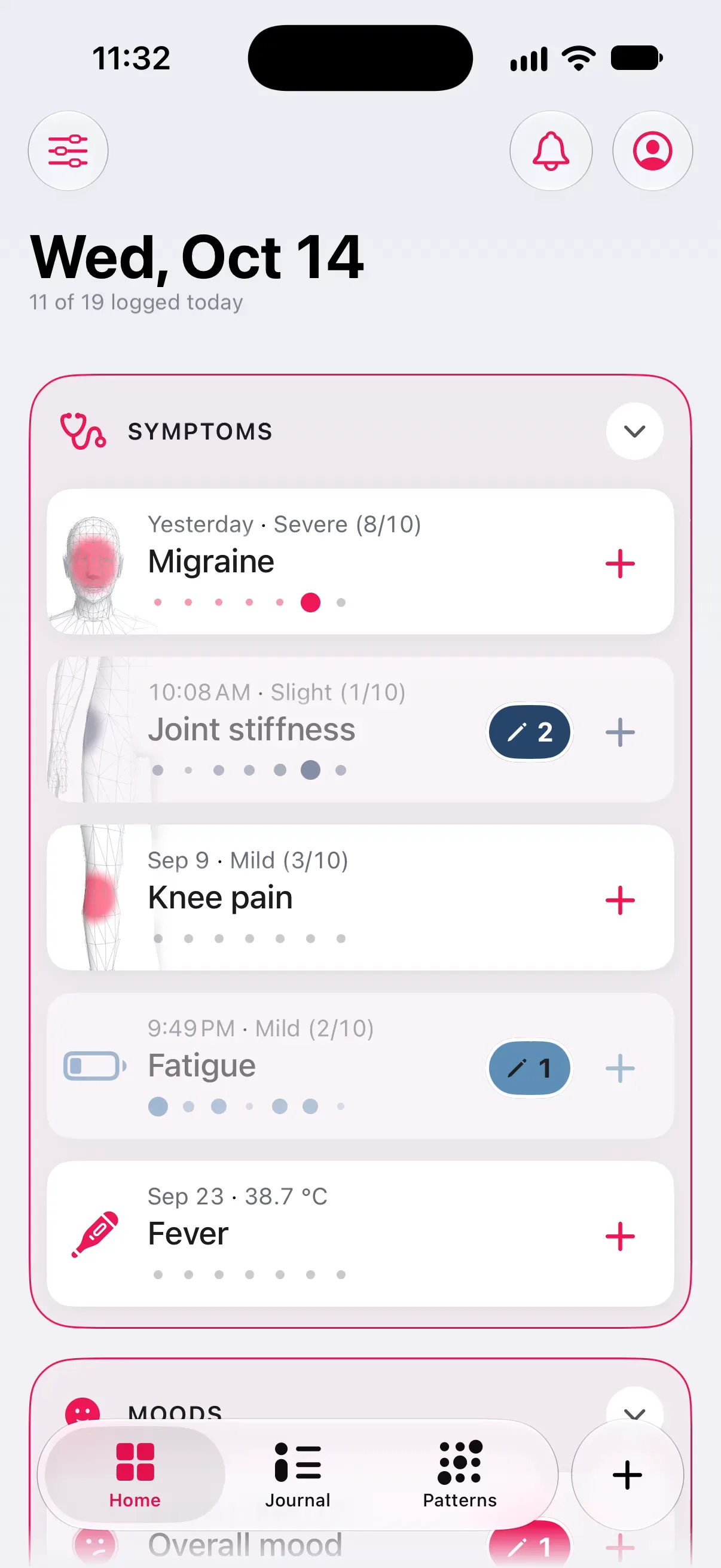 Longnote’s Home screen for Saturday, 3 October: the Symptoms section with migraine, joint stiffness, knee pain, fatigue, shoulder pain and fever, each card with a body thumbnail or icon and a plus button.