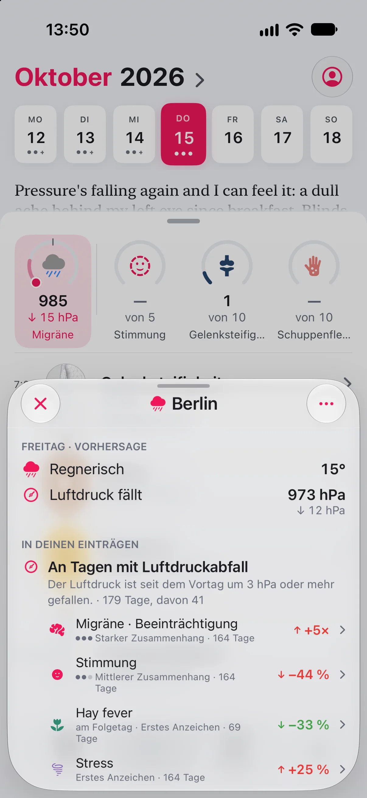 Dasselbe Wetterfenster für Berlin, überschrieben mit „Freitag · Vorhersage“: „Regnerisch“, 15 Grad, „Luftdruck fällt“ auf 973 Hektopascal, 12 weniger. Darunter dieselbe Liste „In deinen Einträgen“ für „An Tagen mit Luftdruckabfall“, 41 von 179 Tagen: „Migräne · Beeinträchtigung“ etwa fünfmal höher, Stimmung 44 % niedriger, „Hay fever“ am Folgetag 33 % niedriger, Stress 25 % höher.