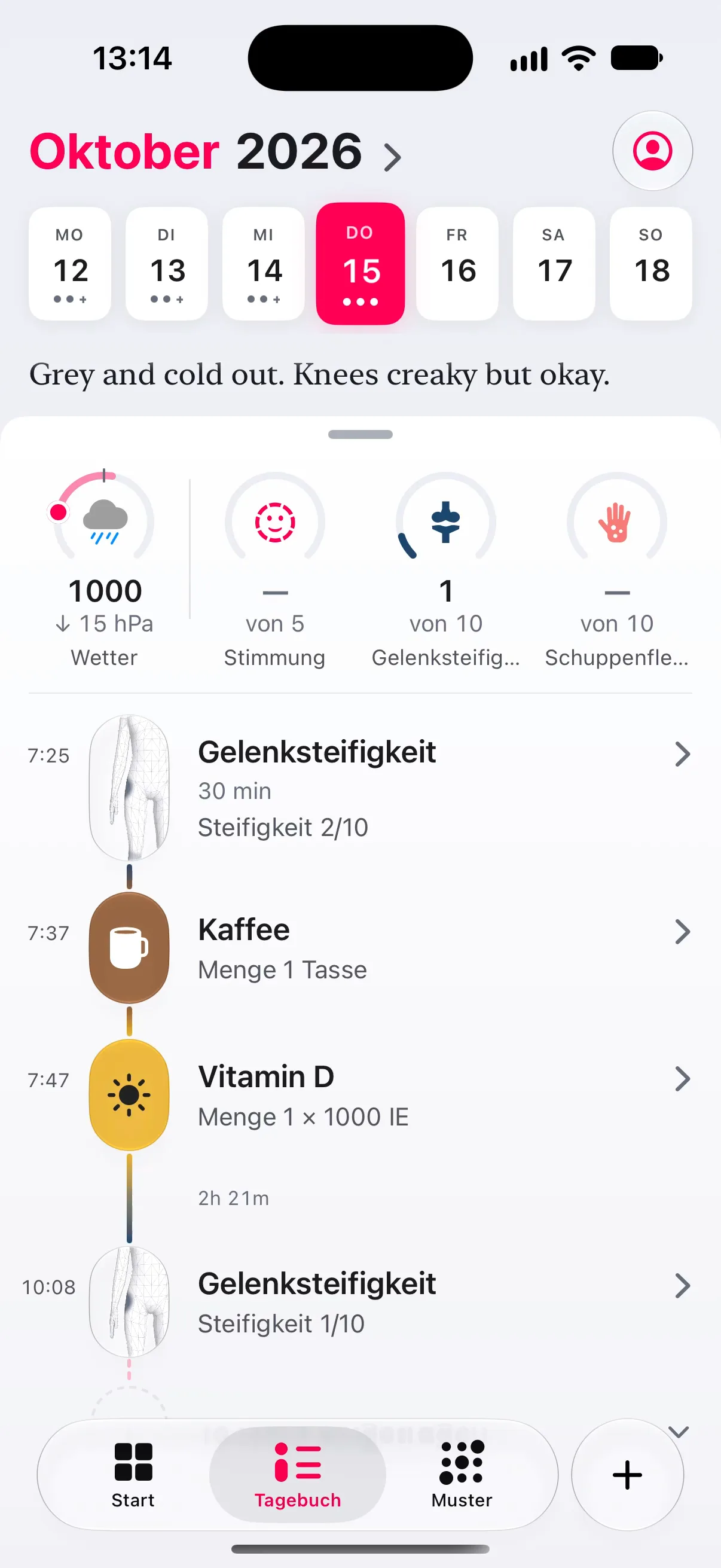 Das Tagebuch von Longnote, gewischt von Donnerstag, 15. Oktober, zu Mittwoch und zurück: Jeder Tag behält seine eigene Notiz, seine Tageswerte und seinen Verlauf.