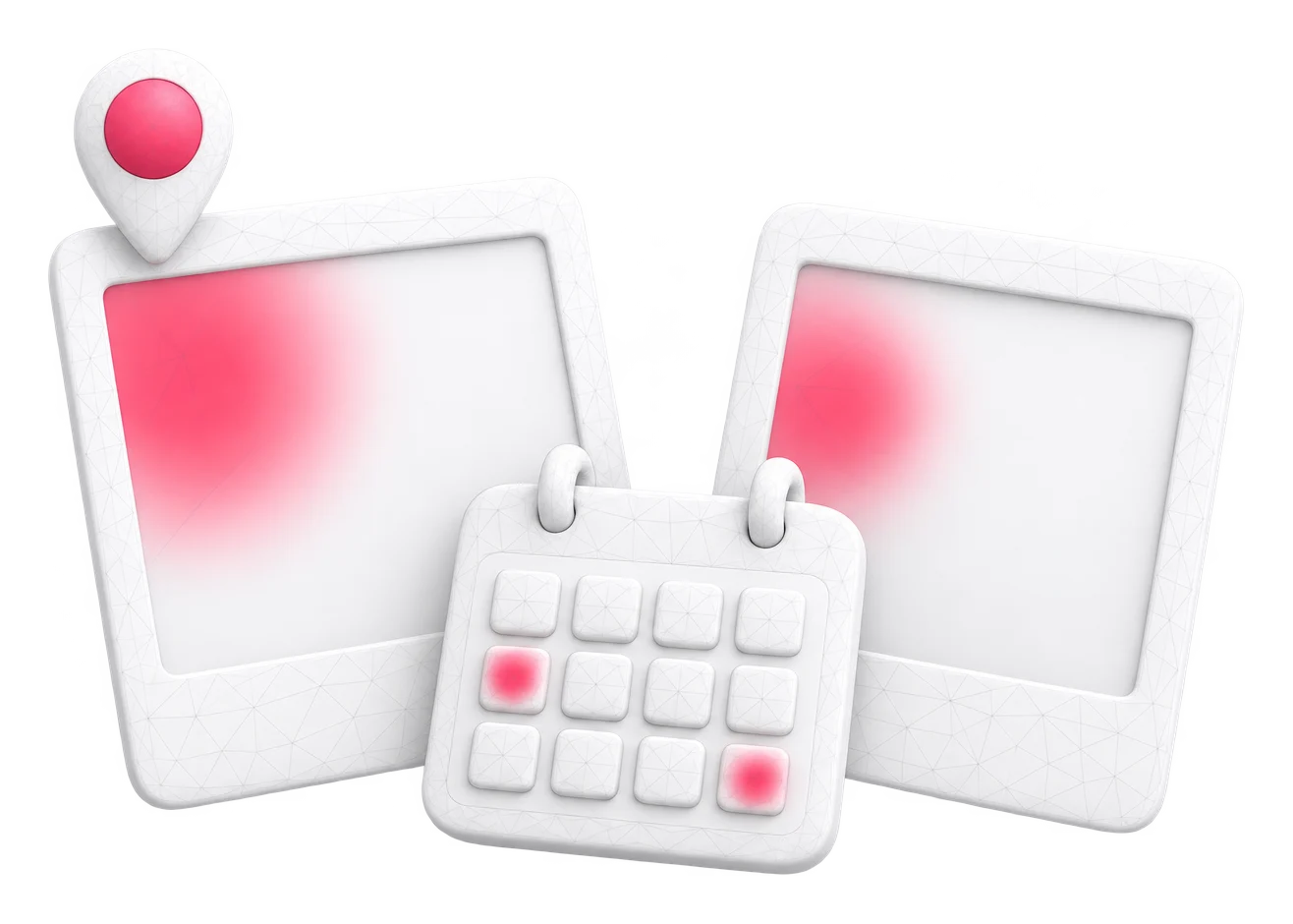 An illustration in soft white clay: two small photo cards side by side, each with the same round raspberry patch, a little smaller on the second, a map pin above them and a calendar tile with two dates marked far apart.
