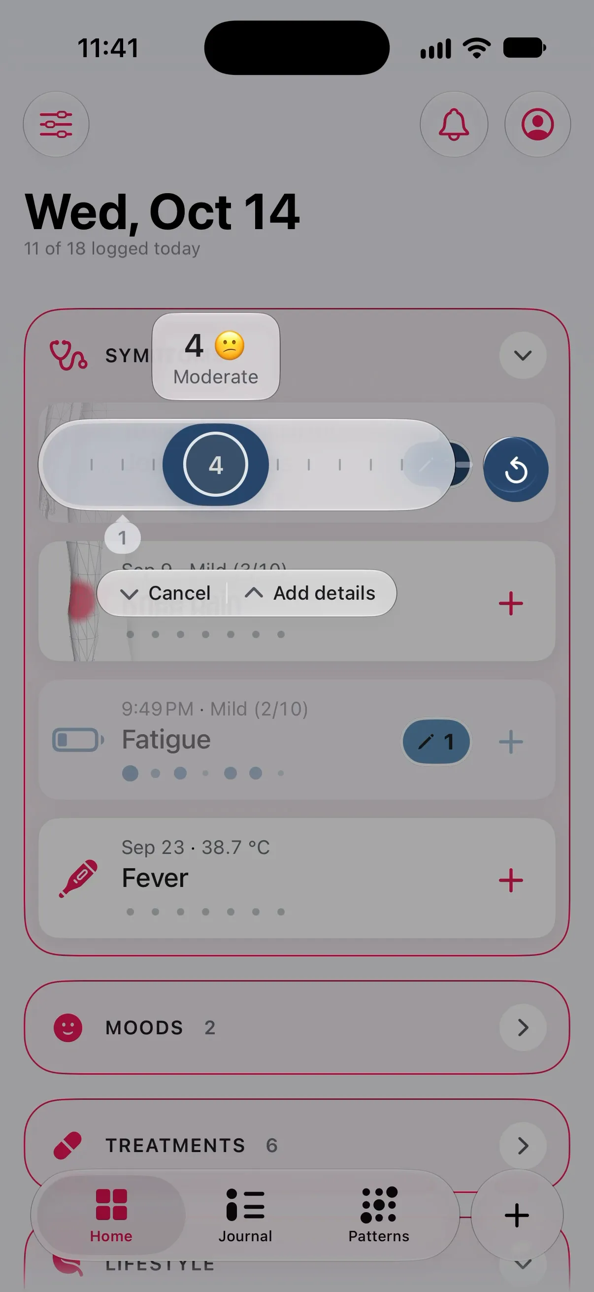 Longnote’s Home in a quick-log loop: a finger holds the plus on Joint stiffness, slides along the rail to 4, Moderate, and lets go; then Knee pain the same way, the Symptoms section folds, and Coffee and Alcohol are logged with a hold and release, Again. Four entries, no sheet.