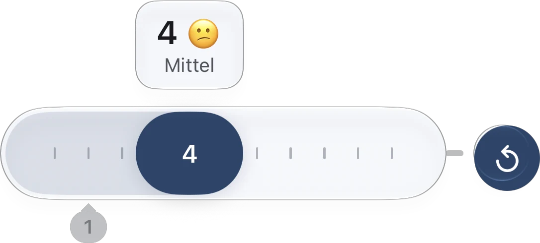 Die Leiste mitten im Schieben bei Gelenksteifigkeit: der Knopf bei 4, die Leiste bis dorthin gefüllt, darüber der Hinweis „4, Mittel“ und unter der Leiste der letzte Wert 1 markiert.