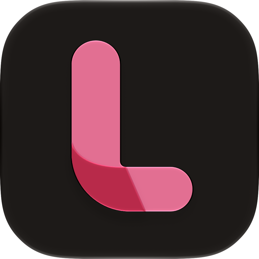 The Longnote app icon in its dark appearance: a pink folded ribbon shaped like the letter L on a near-black tile.